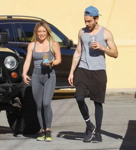 Hilary Duff in grey tights leaving Alfreds Coffee in Studio City