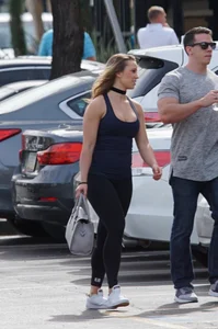Thick fit blonde in leggings with a great ass and some cleavage