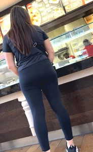 latina milf in tight yoga pants and VPL waiting in lunch line