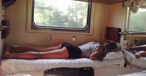 Girl in Shorts Asleep in a Train Sleeping Car Creepshot