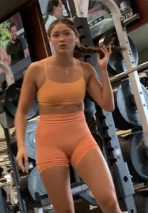 Innocent teen in see through orange spandex shorts, thick brunette in soft gray spandex shorts