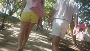 Milf in yellow shorts with vpl and a wedgie