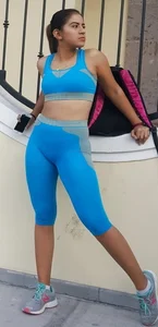 Beautiful and sexy babe out in blue leggings and crop top