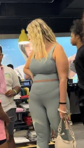 Plump Dumpy Blonde MILF in turquoise two-piece Spandex