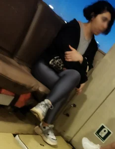 A Young Candid Girl in Glistening Tights in the Public Train Creepshots