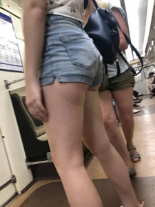 Cute And Slightly Awkward Tall Teen Girl in a Top and Denim Shorts Subway Train Candid Photos