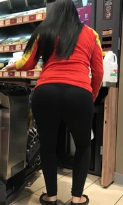 Convenience store employee with a sexy big ass in leggings