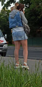 Candid Girl in a Denim Skirt And Sandals Suburban Street Creepshot