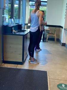Hot blonde getting coffee