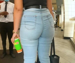 Sexy candid thick brunette babe with a fat ass in tight jeans