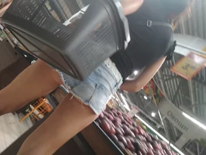 Hot Candid Ass and Legs in Denim Fringed Shorts at a Supermarket Creepshots Gallery