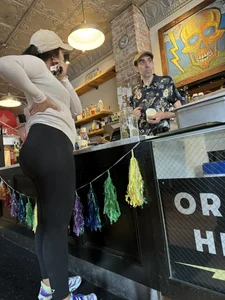 Big ass girl In tights at cafe