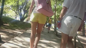 Milf in yellow shorts with vpl and a wedgie