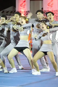 Bunch of athletic Thai cheerleaders at a competition