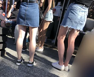 Girl in Denim Shorts with Amazing Hot Legs Fixing Her Sandals Street Candid Photo Gallery