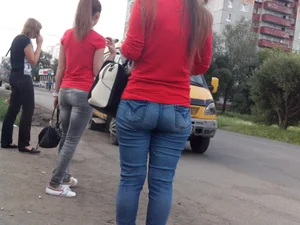 Cute Booty in Tight Jeans City Suburb Closeup
