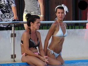Sexy bikini babe in a white bikini at the pool with camel toe
