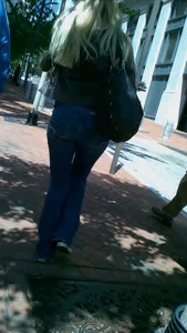 Blonde in tight jeans with her red thong sticking out