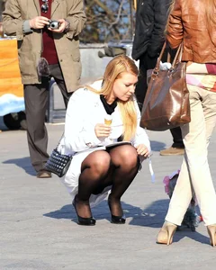 Dog lady upskirted with stockings on