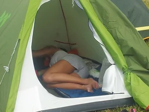 Girl Sleeping in a Tent in Shorts with Bare Feet