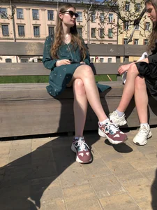 Girls in Dresses Sitting With Crossed Legs on a Park Bench Street Creepshots