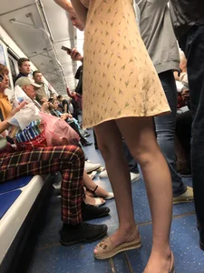 Cute Girl in a Dress with Skinny Legs in Sandals Subway Train Candid Photo