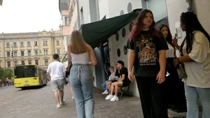 Student in tight jeans out and about