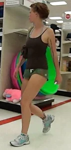 Skinny Short Hair woman in Wedgie Green Short Shorts (Not OC)