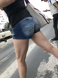 Hot Butt in Jean Mini Shorts And Great Legs With Bruisers on a Crosswalk Creepshots Collection