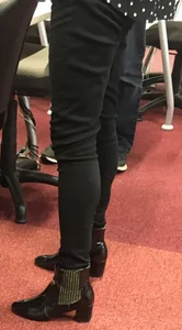 Slim Legs in Tight Black Pants Closeup Pic