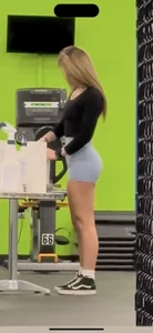 Petite blonde with bubble butt in blue spandex shorts