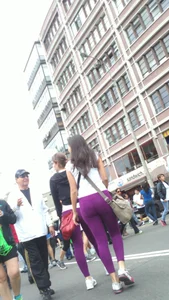 Girl out with a friend in purple leggings with a nice ass and slight vtl