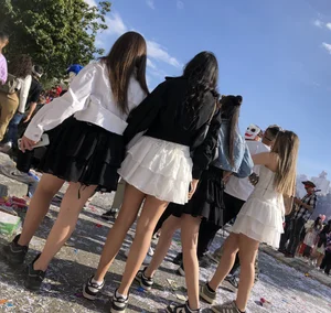 Carnival girls wearing pantyhose, spandex shorts, stockings, skirts and other outfits