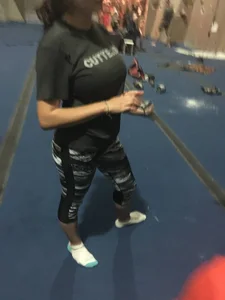 Busty girl in short tights