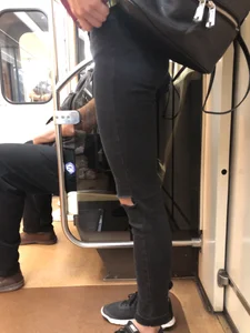 Skinny Candid Girl With Slim Legs in Torn Black Jeans - Subway Train Creepshots