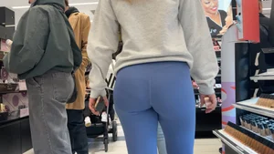 Blonde PAWG in blue leggings shopping at Sephora (Not OC)