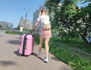 Cute Girl with Large Suitcase Street Candid Photos