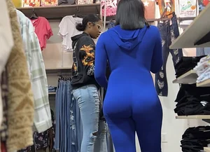 Thick mesmerizing ebony in a tight blue one piece