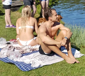 White semi-thong bikini blonde with a nice ass and tits at the lake
