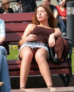 Milf in Denim Skirt Asleep on the Park Bench Flashing Panties