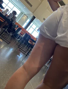 College girls lining up for lunch showing off