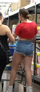 Screenshots from a prank video of a girl in denim shorts showing cheeks