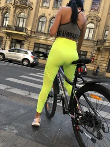 Girl in Bright Yellow Tights On a Bike Standing on a Crosswalk, Hot Ass VPL Street Creepshots