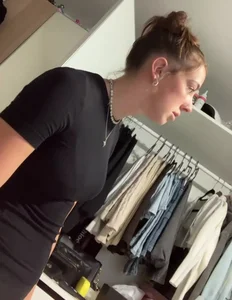 Cute Curvy Thin Woman Distracted While Tidying Room Candids
