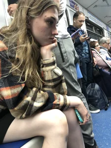 Very cute candid girl with very pale skin sitting in a subway train creepshots