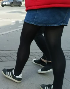 Girl out in denim skirt and tight stockings with nice legs