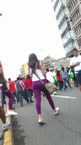 Girl out with a friend in purple leggings with a nice ass and slight vtl