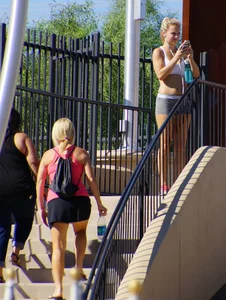 Sexy hot blonde in tight grey spandex shorts with amazing body