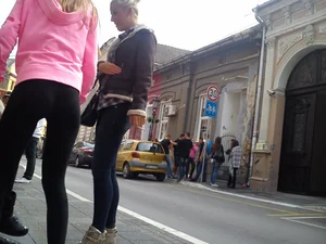 Smoking girl in tight leggings with vtl