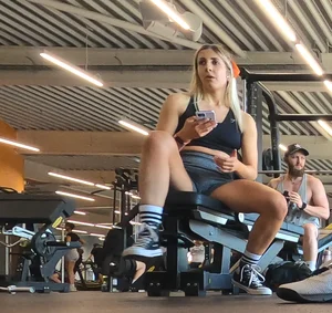 Cute gym blonde with orange hair ribbon
